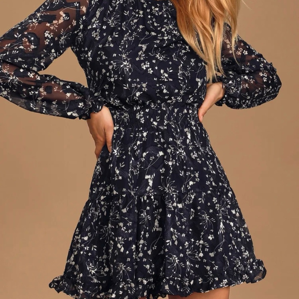 Lulus Navy Blue Floral Long Sleeve Smocked Dress